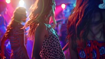un grupo de señoras bailando el noche lejos a un música club disfrutando el vibrante atmósfera sin ninguna alcohol involucrado foto