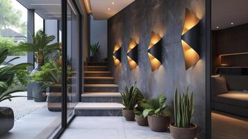 A trio of geometricshaped wall lights in matte black finish adds a touch of modern sophistication to a minimalist hallway photo