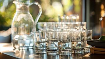 A tasting station with small glasses and water pitchers provided for guests to cleanse their palate in between sips photo