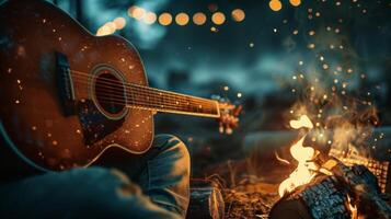 un acogedor hoguera ajuste con personas rasgueo su guitarras y tomando vueltas canto canciones debajo el estrellado cielo foto