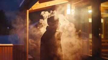 un persona saliendo el sauna mirando refrescado y rejuvenecido como ellos paso fuera dentro el frio aire Listo a entrada el día después un salvaje noche afuera. foto
