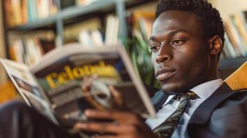 A busy businessman taking a break in his office reading a mens wellness magazine to learn stress management techniques photo