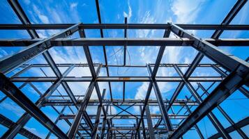 A web of steel beams crisscrosses in midair forming the skeletal outline of a future office building photo