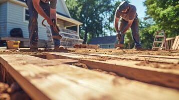 The sound of hammering fills the air as two carpenters work together to construct a sy wooden deck in the backyard creating the perfect outdoor space for relaxation and entertainment photo