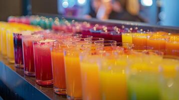 A table situated in the corner of the gym is filled with various glasses of freshly made juices in vibrant hues enticing participants to try a taste after their workout photo