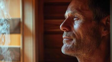 A man with fibromyalgia takes a break from his busy day to unwind in a personal sauna at home. As the gentle heat soothes his aching muscles he feels a sense of relief and calm wash photo