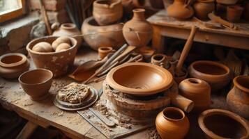 A rustic potters wheel surrounded by clay and pottery tools ready for a day of creating earthy masterpieces. photo