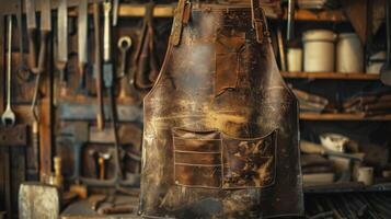 A sy leather apron hangs from the wall proudly displaying the tool marks and patina of years of dedicated use by a diligent leatherworker photo