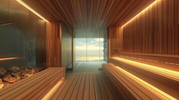 The serene woodlined interior of a traditional sauna promoting a feeling of being one with nature and deep relaxation. photo