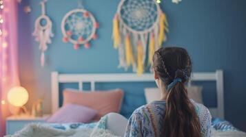 un joven niña artesanía su propio atrapasueños y cuelga eso encima su cama haciendo su habitación sensación acogedor y personalizado foto