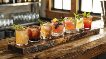 A rustic wooden tasting board features a flight of artisanal cocktails allowing guests to sample a variety of flavors during their craft cocktail hour photo