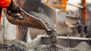 A worker uses a large mixing machine to combine aggregates cement and water for the perfect concrete mix photo