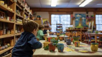 A family paints and decorates their own pottery items proudly displaying them on shelves and tables throughout their home photo