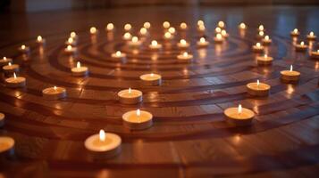 The candles arranged in a circular pattern around the instructors mat serve as a gentle reminder to stay centered and grounded. 2d flat cartoon photo
