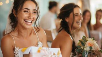 The bridetobe is beaming as she unwraps a thoughtful and personalized gift from her best friends while adoringly looking at a sign that reads Bridal babes without the booz photo