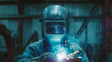 A welding mask hides the expression on a workers face as they focus on creating a strong weld on a piece of metal piping photo