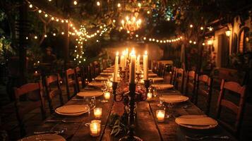 A long wooden table set for a romantic dinner surrounded by ling candles in vintagestyle holders. 2d flat cartoon photo