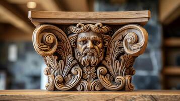 A closeup of a handcrafted wooden ceiling beam showcasing its intricate carvings and natural texture photo