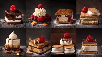 A montage of different gourmet smores being made including variations with white chocolate peanut butter cups and raspberry jam photo