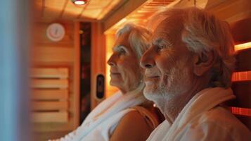 An older couple relaxing in an infrared sauna on a rainy day utilizing the saunas heat to soothe their aching joints and muscles and boosting their overall mood in the process. photo