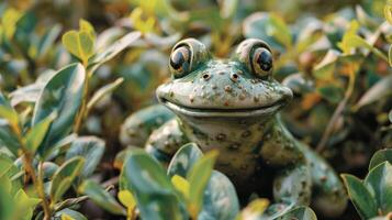 A charming ceramic frog statue peeks out from behind a bush creating a sense of surprise and delight in the garden. photo