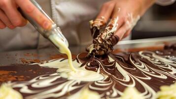 un partícipe cuidadosamente tubería Derretido blanco chocolate sobre un oscuro chocolate base a crear un jaspeado efecto su manos estable y preciso foto