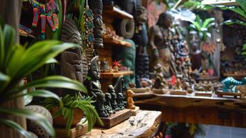 un pequeño regalo tienda zona ofertas recuerdos tal como hecho a mano joyería y tallado estatuillas recordativo de el tropical selva foto
