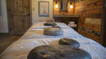 A the uses hot stones to warm and soothe tight muscles providing additional benefits and relaxation during the massage photo