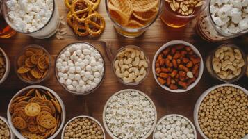 un mesa lleno con diferente tipos de meriendas incluso nueces pretzels y palomitas de maiz a par con el varios no alcohólico brebajes siendo probado foto