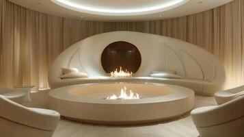 A luxurious sitting area with a circular fireplace in the center its polished white stone reflecting the light from the flickering flames. Soft plush chairs surround 2d flat cartoon photo