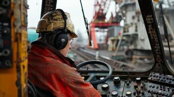 Sitting amid a sea of buttons and levers the operator expertly navigates the crane as it lifts heavy materials photo