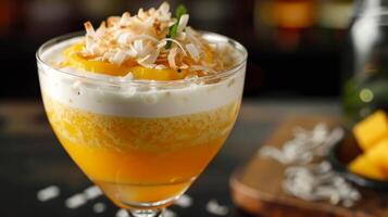 A beautifully layered beverage with coconut cream mango puree and a splash of lychee liqueur topped with a sprinkle of toasted coconut flakes photo