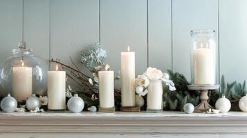 The chic and simplistic style of a mantle adorned with slim taper candles in crisp white radiating a serene glow. 2d flat cartoon photo
