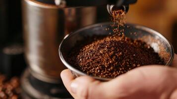 A persons hand holding a handful of brown aromatic coffee grounds freshly ground in a manual grinder photo