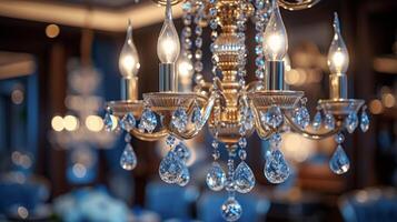 A closeup of a stunning chandelier featuring cascading crystals and intricate metalwork adds a touch of elegance to a dining room photo