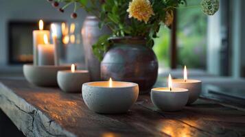 The candles seem to float effortlessly in the sy and stylish concrete holders casting a serene and tranquil ambiance. 2d flat cartoon photo