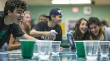 A game of beer pong is rep with a game of ball toss where students toss a ball into cups filled with water instead of alcohol photo