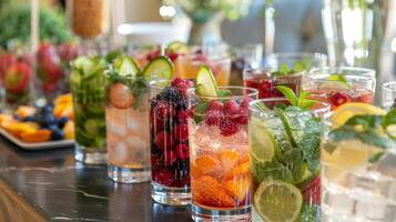 A variety of mocktail recipes displayed on a table giving guests the option to create their own custom nonalcoholic drink photo