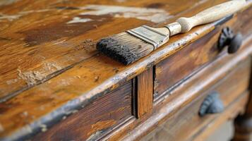 A tutorialstyle image showing the stepbystep process of refinishing a wooden dresser from stripping old varnish to applying a stain and protective top coat photo