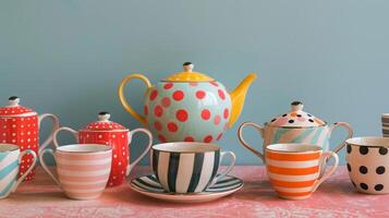 A unique and fun tea set with mismatched teacups and teapot featuring playful patterns such as polka dots stripes and chevron creating a quirky and lively set. photo