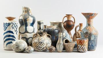 A group of pottery pieces with signature stamps that have been intentionally distorted and abstracted adding an intriguing element to their designs. photo