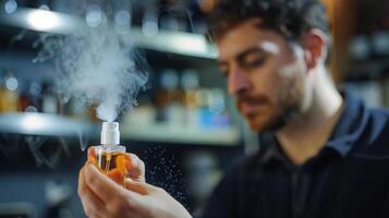 The perfumer sprays a mist of the newly created perfume onto a white testing strip allowing the client to get a first whiff of their custom creation photo