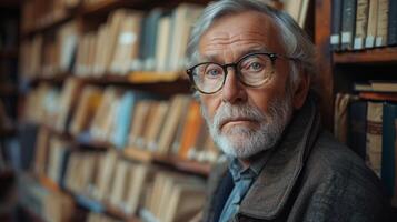 Lost in thought and surrounded by a wealth of knowledge an older man discovers a hidden gem in the depths of the librarys fiction section photo