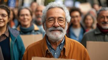 A team of retirees holding up banners and posters marching in solidarity for a charity walk promoting equal rights and inclusion for individuals with disabilities photo