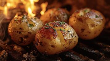 brillante naranja ascuas proporcionar el Perfecto calor a cocinar estos casero horneado patatas a crujiente perfección haciendo ellos el último comodidad comida en un frío noche foto