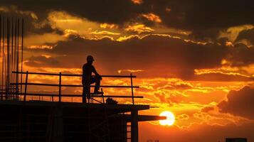 en medio de el caótico construcción sitio el silueta de un solitario trabajador lata ser visto mirando apagado dentro el maravilloso puesta de sol tomando un momento a apreciar el belleza alrededor ellos foto