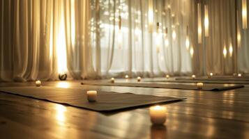 A soothing yoga studio enhanced by the soft light of suspended candles creating a peaceful and meditative space. 2d flat cartoon photo