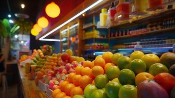 vibrantemente de colores frutas línea el mostrador de un bullicioso surgir jugo tienda foto