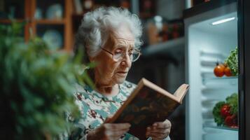 en el comodidad de su propio cocina un mayor mujer voltea mediante un vegetariano libro de cocina cautivado por el variedad de a base de plantas platos. el refrigerador es abastecido con fres foto