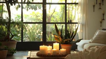 Natural light filters in through a large window adding a touch of nature to the calming space filled with candles. 2d flat cartoon photo
